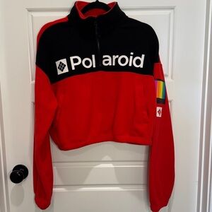 Polaroid Fleece Jacket Women’s Cropped Quarter Zip Pullover Pockets Red Size M